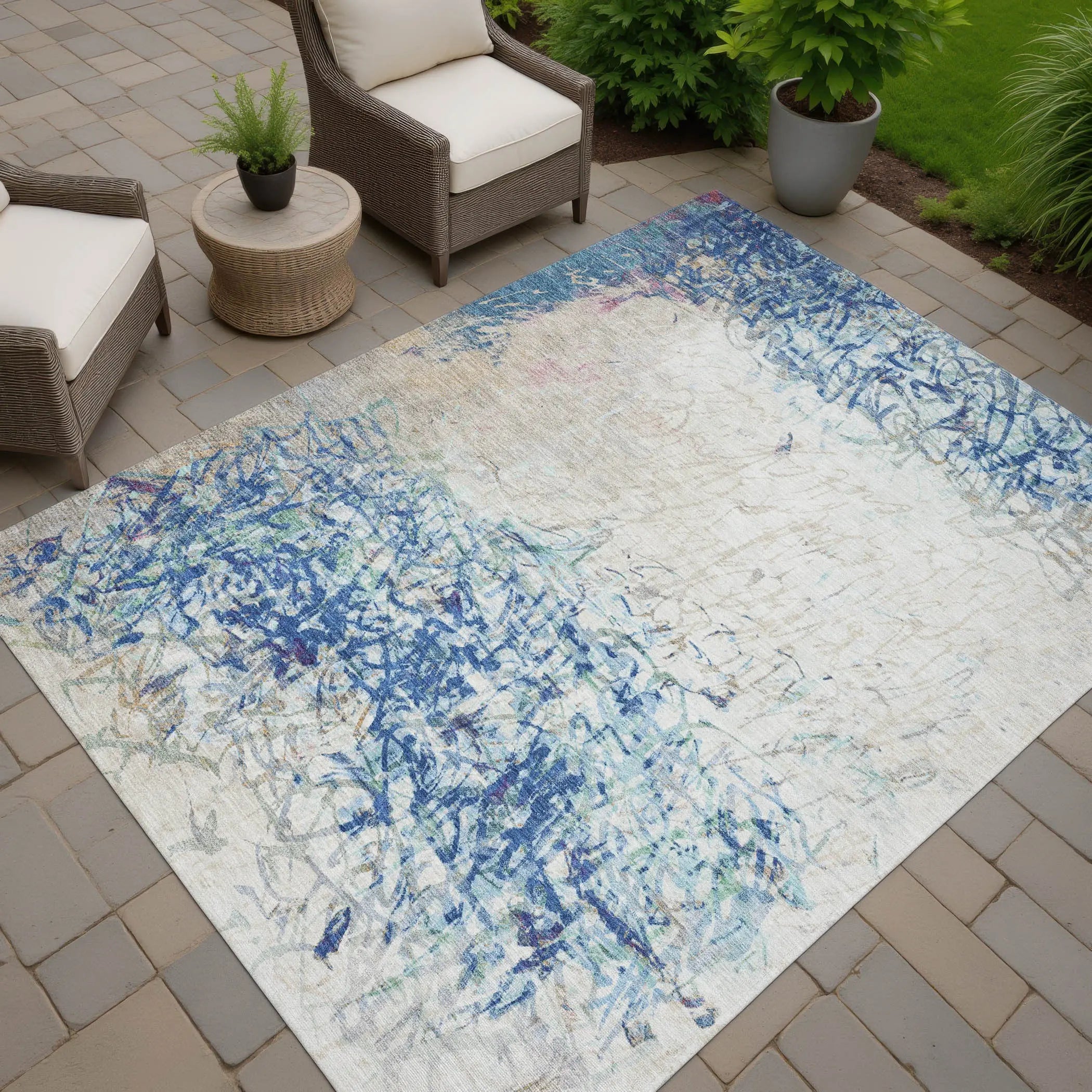 8' X 10' Navy Blue And Beige Abstract Washable Indoor Outdoor Area Rug Homeroots Outdoor