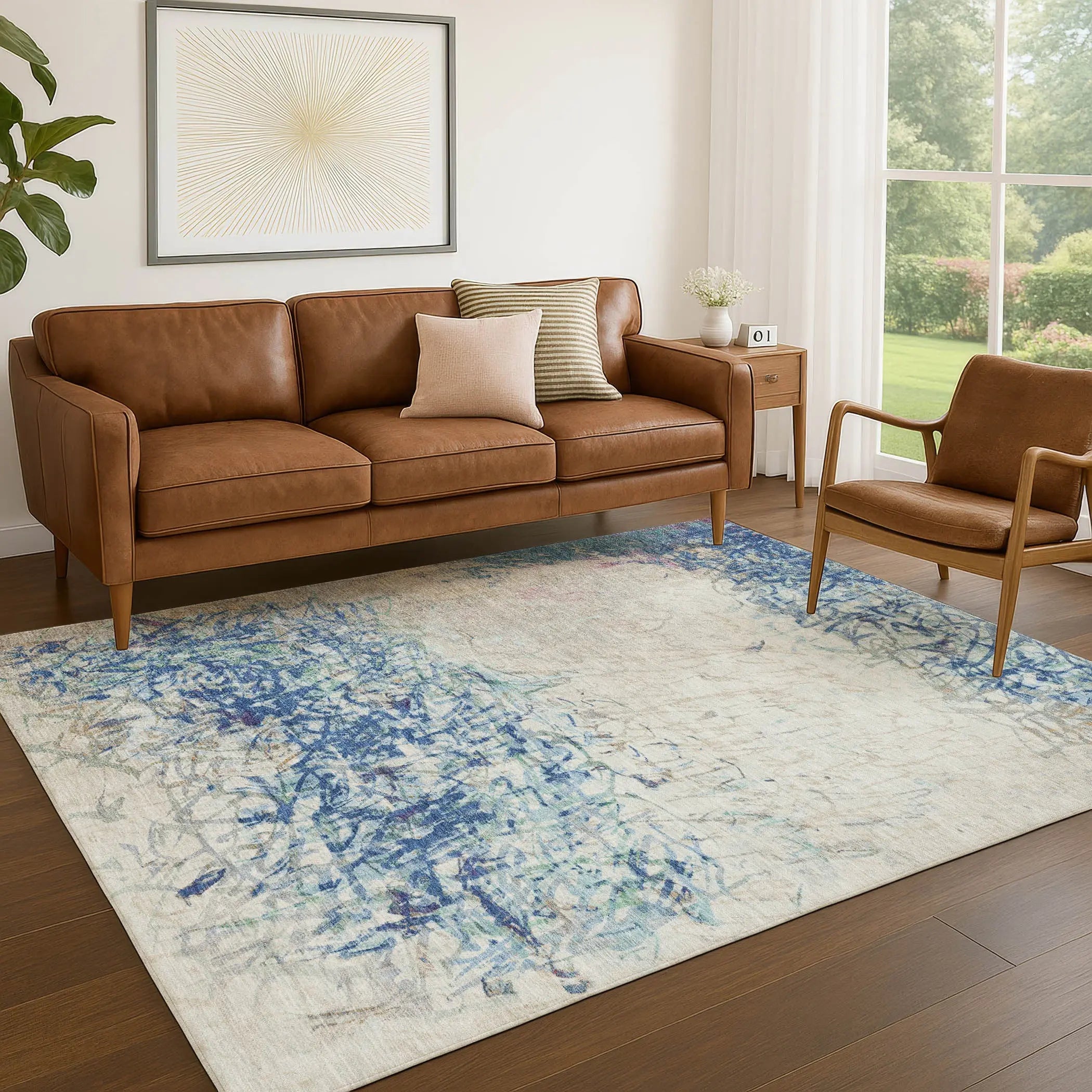 8' X 10' Navy Blue And Beige Abstract Washable Indoor Outdoor Area Rug Homeroots Outdoor