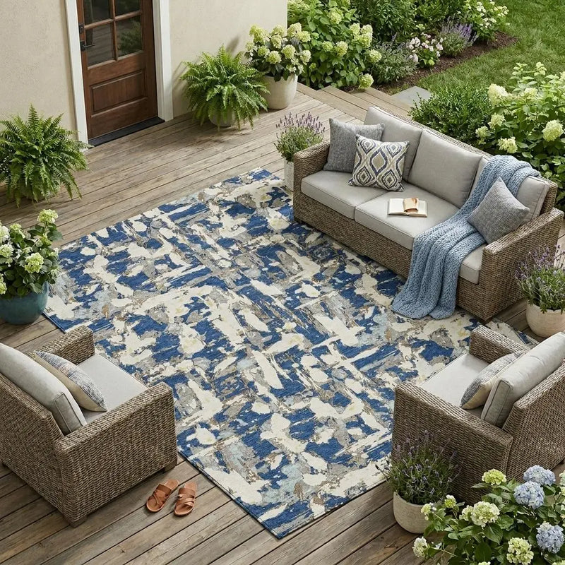 8' X 10' Navy Blue And Beige Abstract Washable Indoor Outdoor Area Rug Homeroots Outdoor