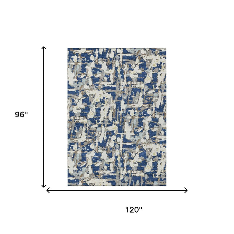 8' X 10' Navy Blue And Beige Abstract Washable Indoor Outdoor Area Rug Homeroots Outdoor