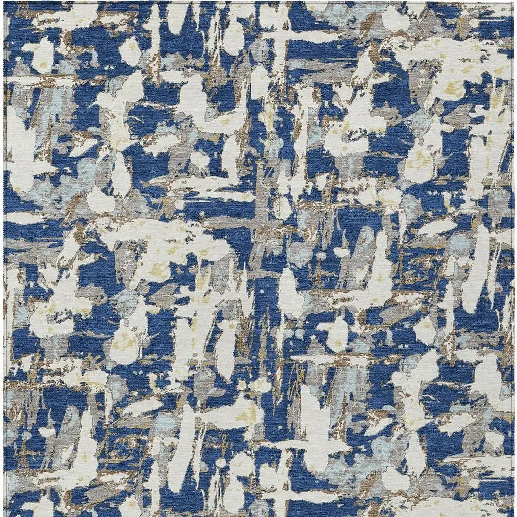 8' X 10' Navy Blue And Beige Abstract Washable Indoor Outdoor Area Rug Homeroots Outdoor