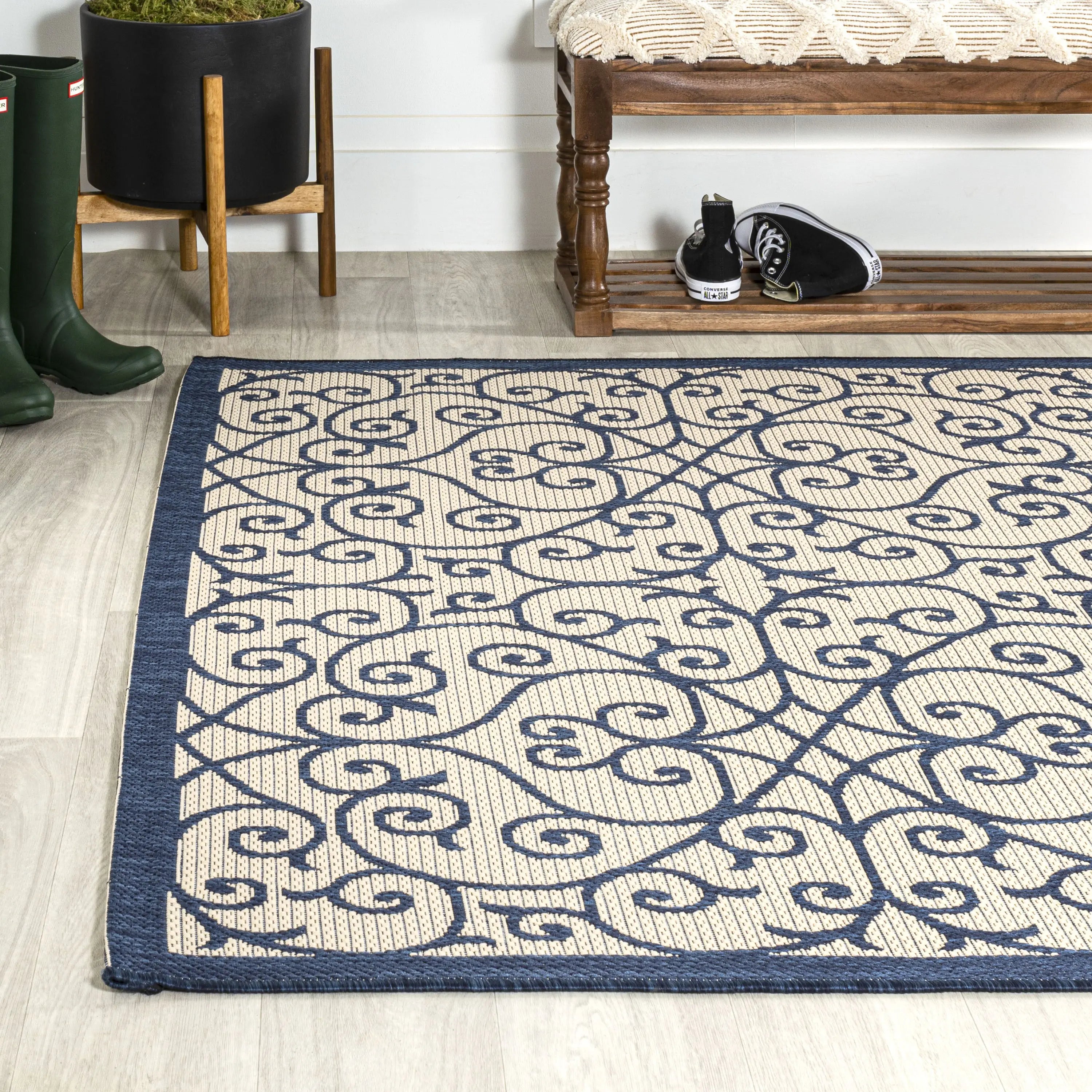 8' X 10' Navy Blue And Beige Geometric Indoor Outdoor Area Rug Homeroots Outdoor