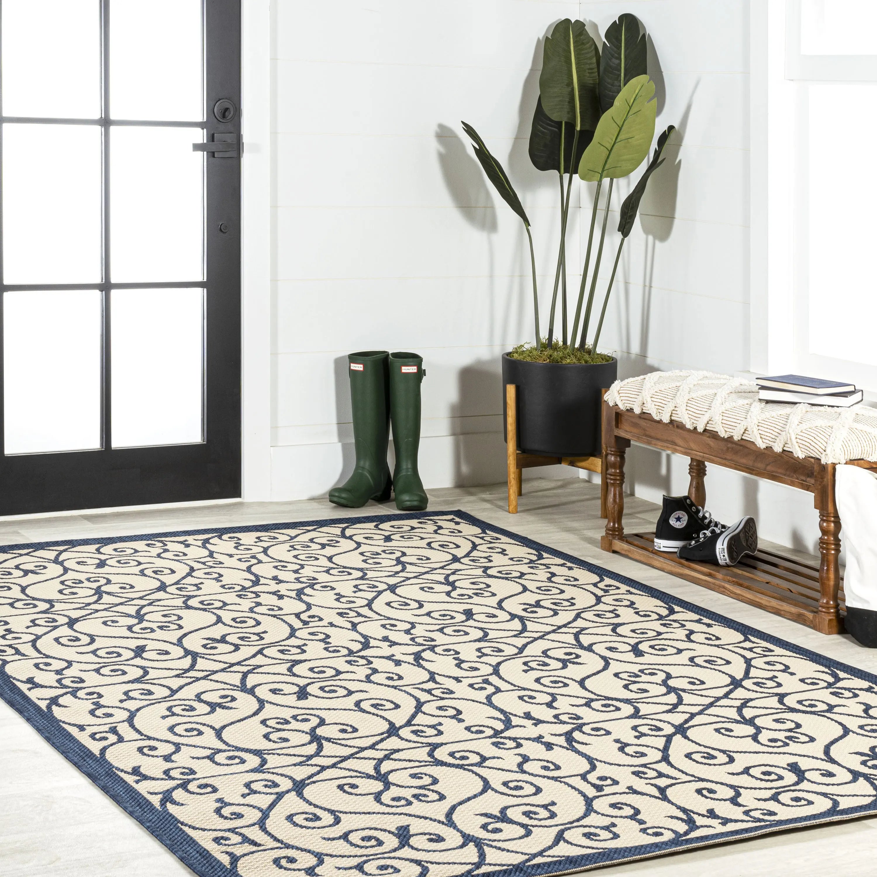 8' X 10' Navy Blue And Beige Geometric Indoor Outdoor Area Rug Homeroots Outdoor