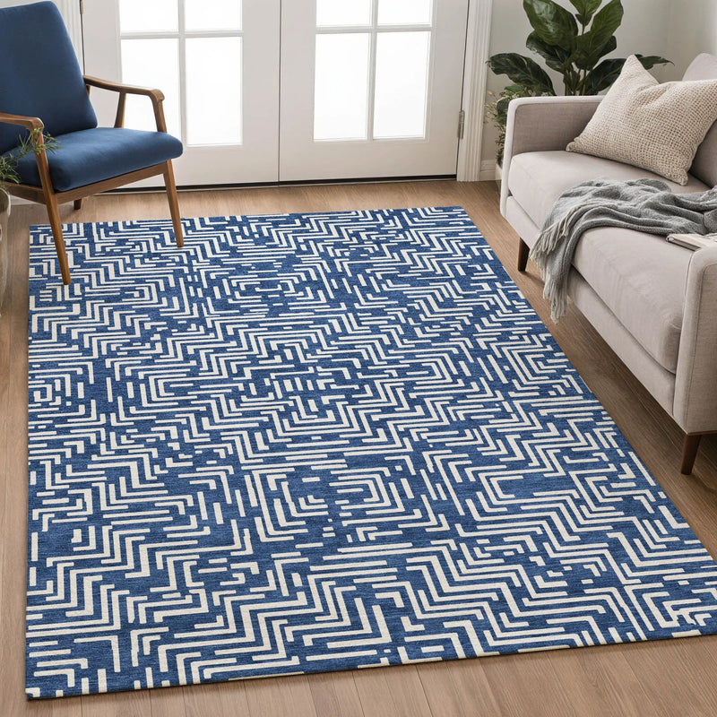 8' X 10' Navy Blue And Beige Geometric Washable Indoor Outdoor Area Rug Homeroots Outdoor