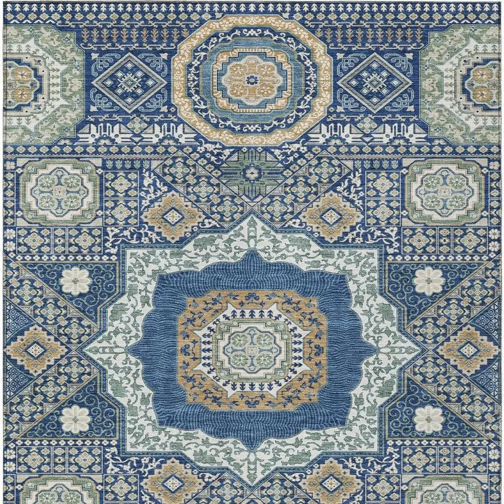 8' X 10' Navy Blue And Beige Oriental Washable Indoor Outdoor Area Rug Homeroots Outdoor