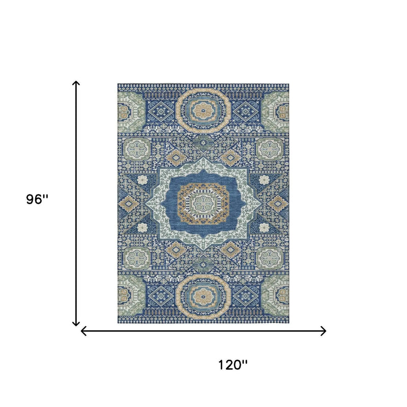 8' X 10' Navy Blue And Beige Oriental Washable Indoor Outdoor Area Rug Homeroots Outdoor
