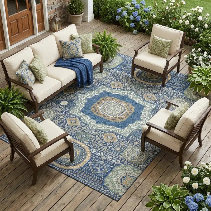 8' X 10' Navy Blue And Beige Oriental Washable Indoor Outdoor Area Rug Homeroots Outdoor