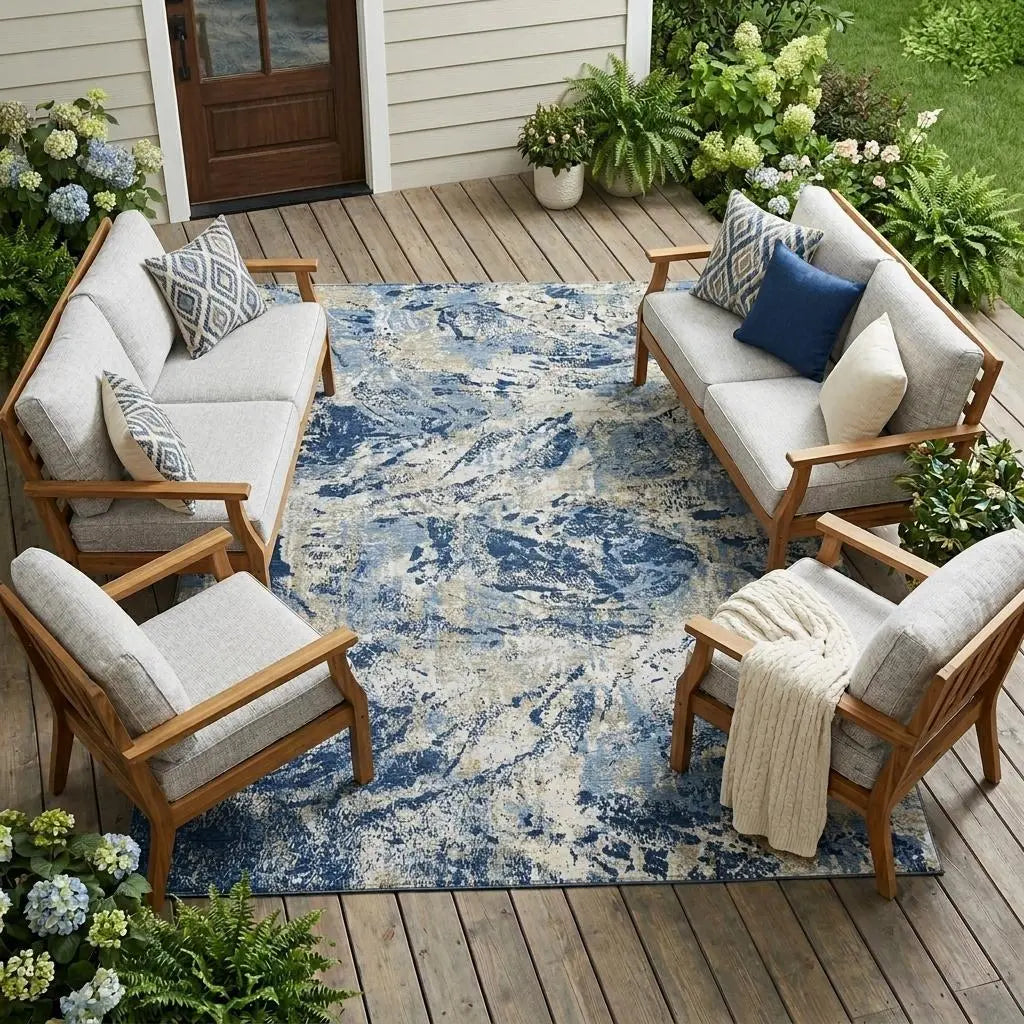 8' X 10' Navy Blue And Blue Abstract Washable Indoor Outdoor Area Rug Homeroots Outdoor