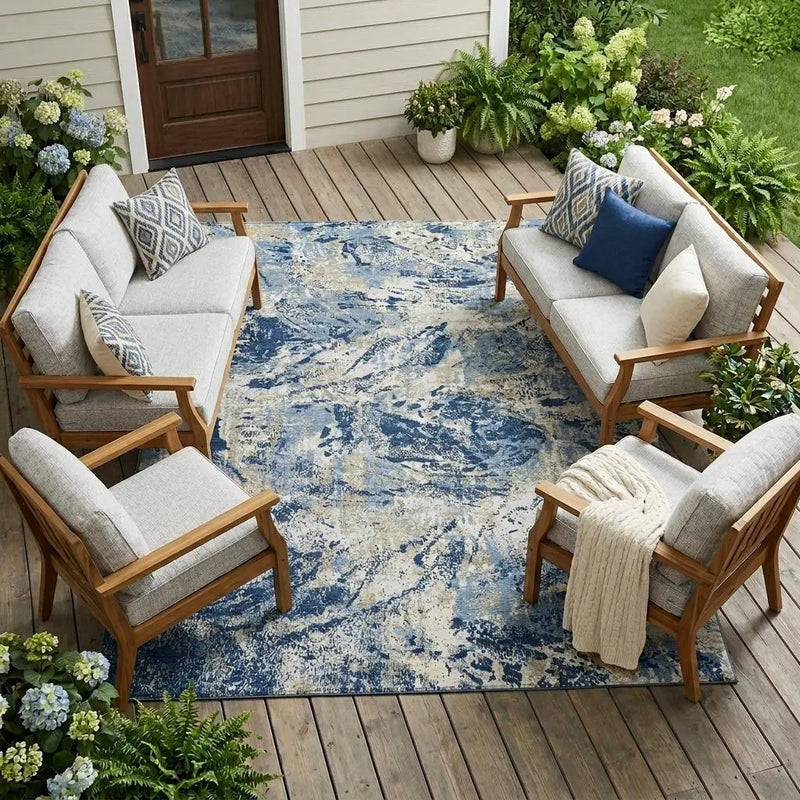 8' X 10' Navy Blue And Blue Abstract Washable Indoor Outdoor Area Rug Homeroots Outdoor