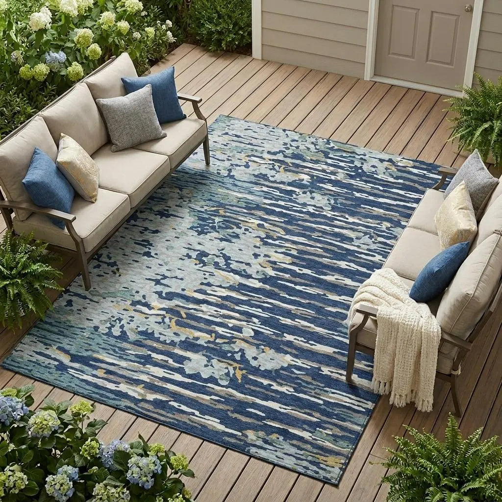 8' X 10' Navy Blue And Blue Abstract Washable Indoor Outdoor Area Rug Homeroots Outdoor