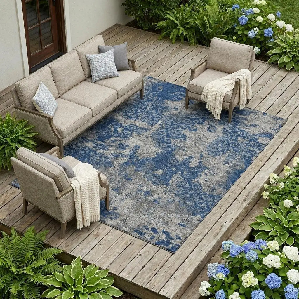 8' X 10' Navy Blue And Blue Abstract Washable Indoor Outdoor Area Rug Homeroots Outdoor