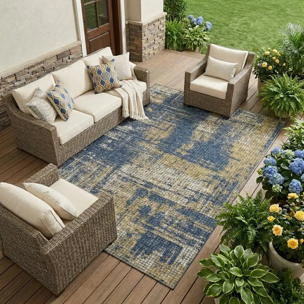 8' X 10' Navy Blue And Blue Abstract Washable Indoor Outdoor Area Rug Homeroots Outdoor