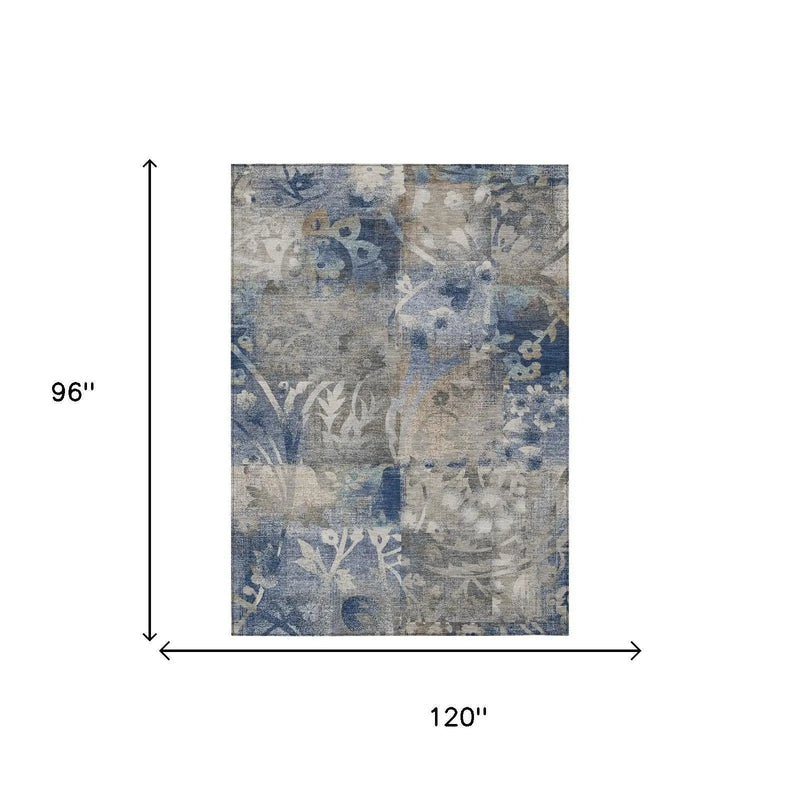 8' X 10' Navy Blue And Blue Botanical Leaves Washable Indoor Outdoor Area Rug Homeroots Outdoor