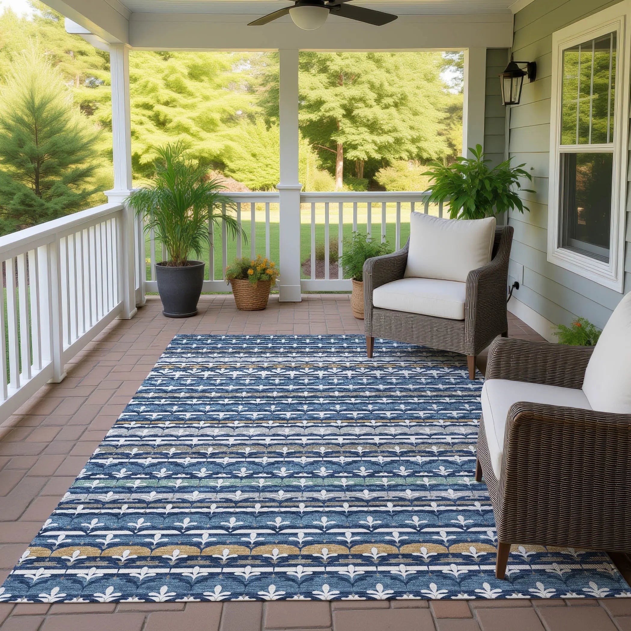 8' X 10' Navy Blue And Blue Damask Washable Indoor Outdoor Area Rug Homeroots Outdoor