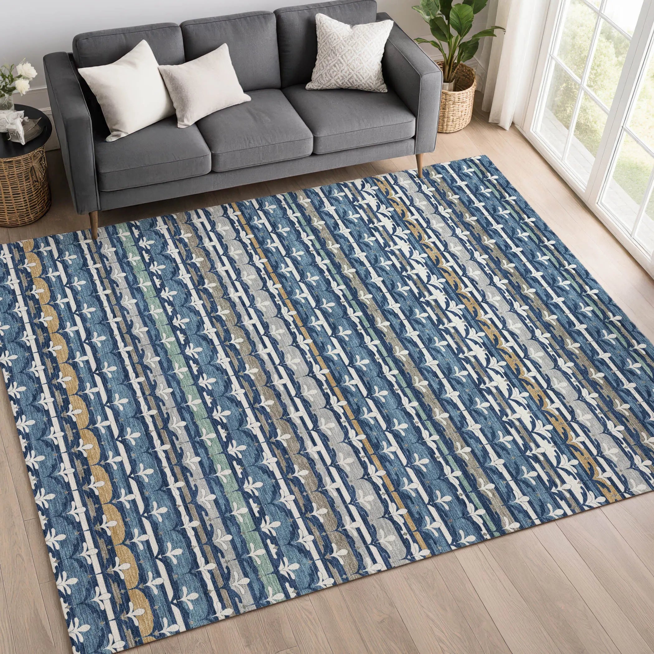 8' X 10' Navy Blue And Blue Damask Washable Indoor Outdoor Area Rug Homeroots Outdoor