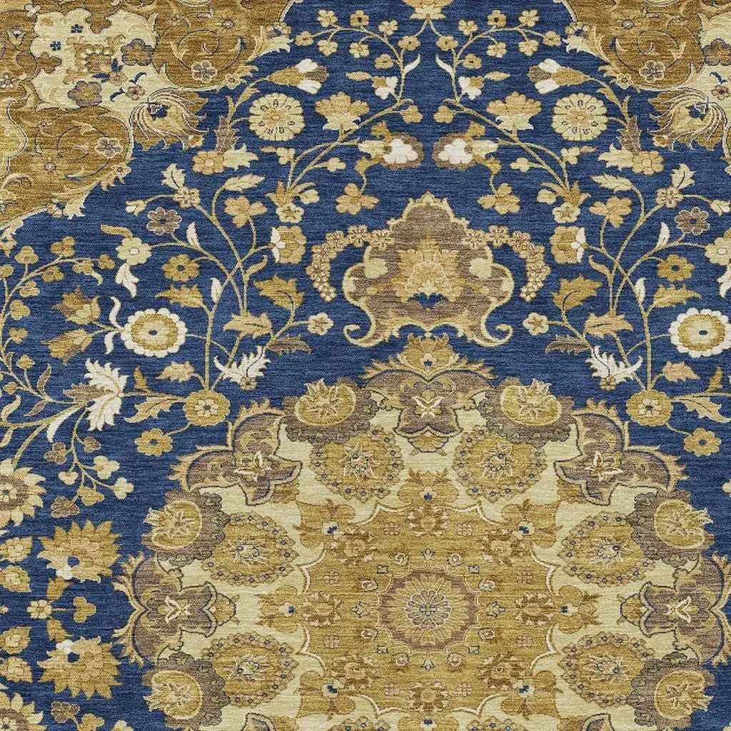 8' X 10' Navy Blue And Blue Damask Washable Indoor Outdoor Area Rug Homeroots Outdoor