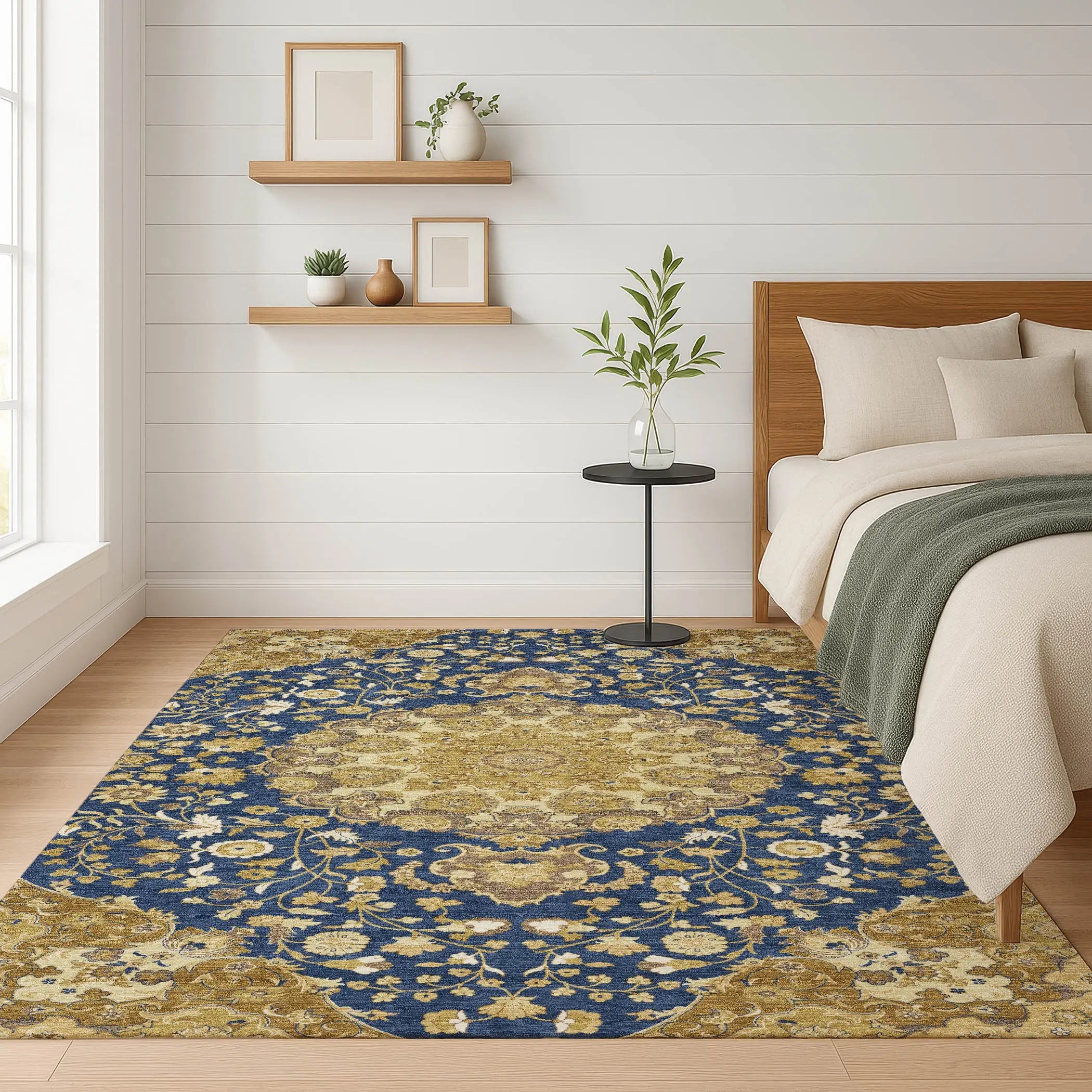 8' X 10' Navy Blue And Blue Damask Washable Indoor Outdoor Area Rug Homeroots Outdoor