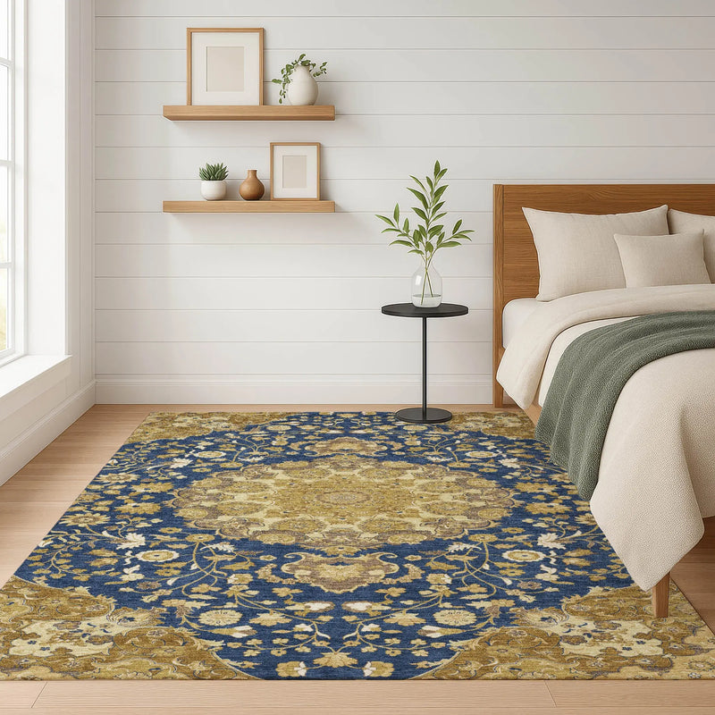8' X 10' Navy Blue And Blue Damask Washable Indoor Outdoor Area Rug Homeroots Outdoor