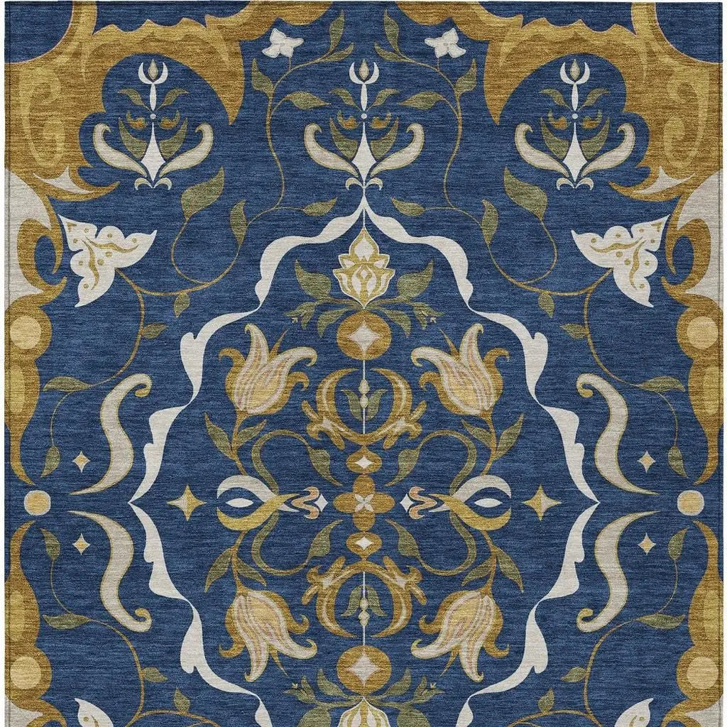 8' X 10' Navy Blue And Blue Damask Washable Indoor Outdoor Area Rug Homeroots Outdoor
