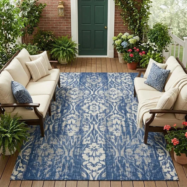 8' X 10' Navy Blue And Blue Damask Washable Indoor Outdoor Area Rug Homeroots Outdoor