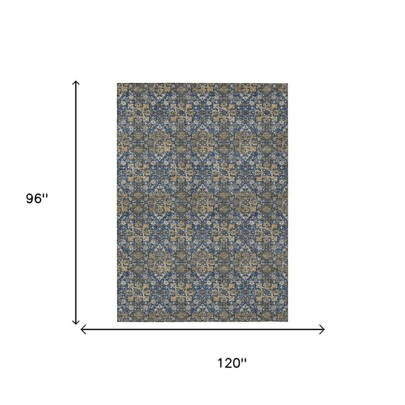 8' X 10' Navy Blue And Blue Damask Washable Indoor Outdoor Area Rug Homeroots Outdoor