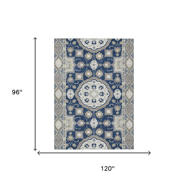 8' X 10' Navy Blue And Blue Floral Medallion Washable Indoor Outdoor Area Rug Homeroots Outdoor