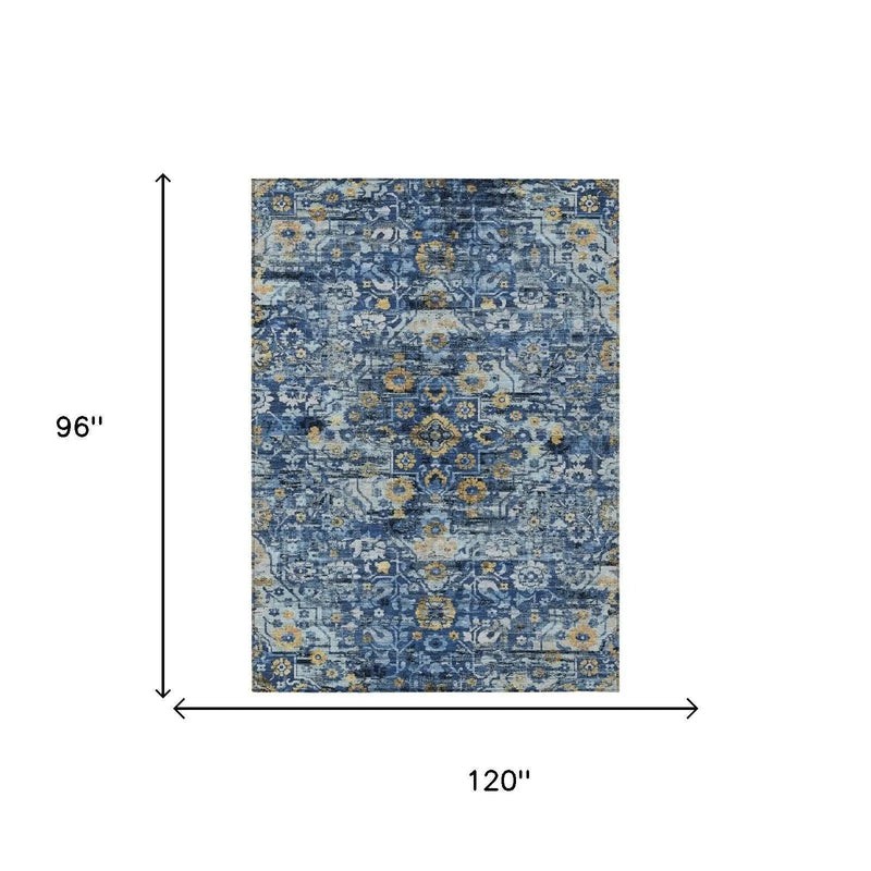 8' X 10' Navy Blue And Blue Floral Medallion Washable Indoor Outdoor Area Rug Homeroots Outdoor