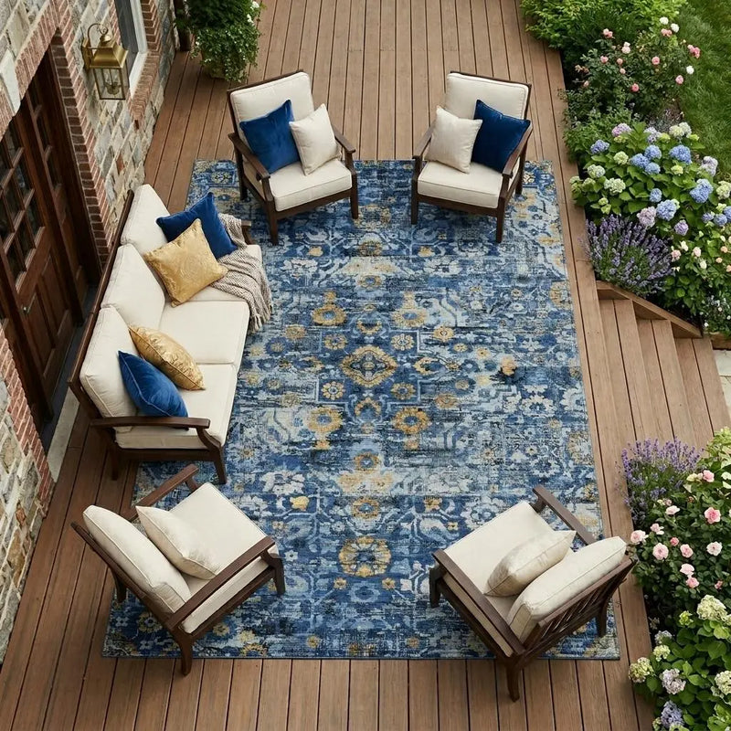 8' X 10' Navy Blue And Blue Floral Medallion Washable Indoor Outdoor Area Rug Homeroots Outdoor