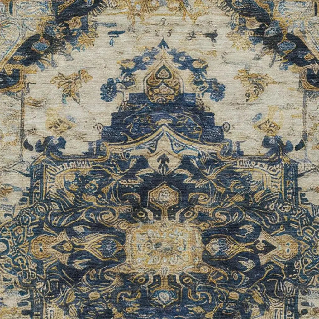 8' X 10' Navy Blue And Blue Floral Medallion Washable Indoor Outdoor Area Rug Homeroots Outdoor