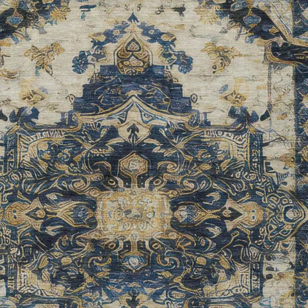 8' X 10' Navy Blue And Blue Floral Medallion Washable Indoor Outdoor Area Rug Homeroots Outdoor