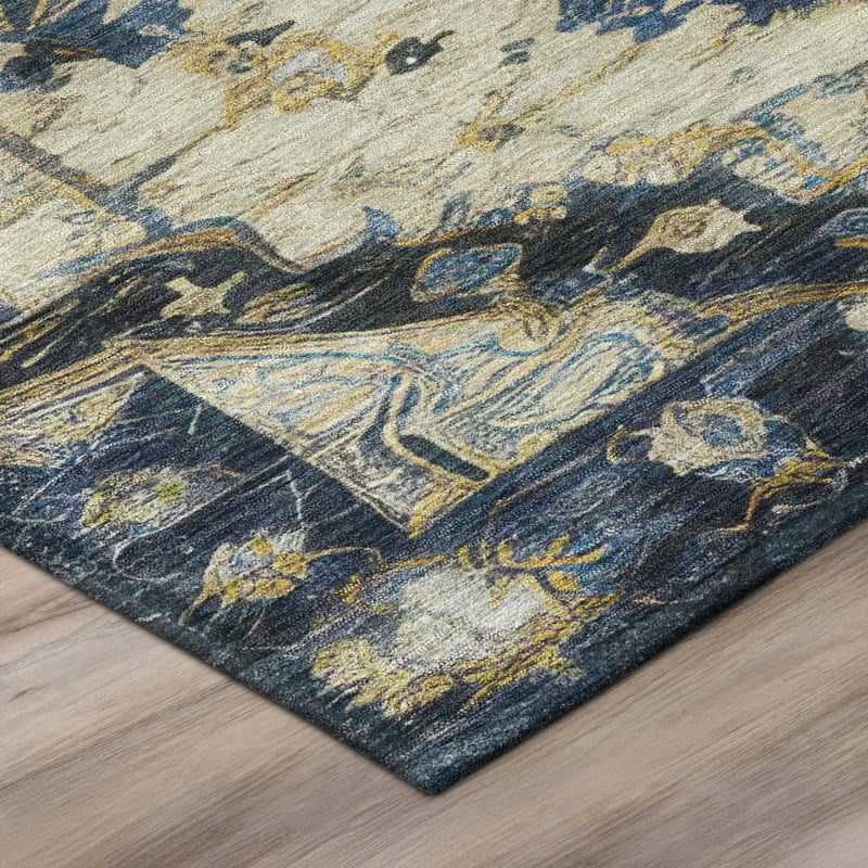 8' X 10' Navy Blue And Blue Floral Medallion Washable Indoor Outdoor Area Rug Homeroots Outdoor