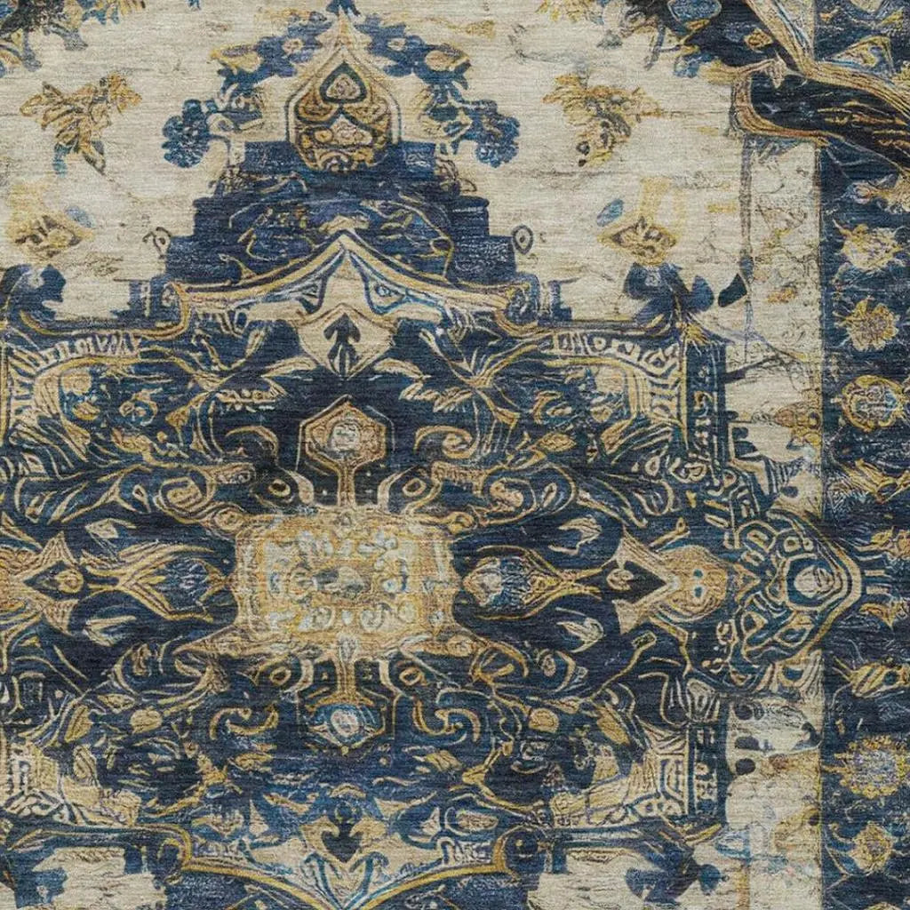 8' X 10' Navy Blue And Blue Floral Medallion Washable Indoor Outdoor Area Rug Homeroots Outdoor