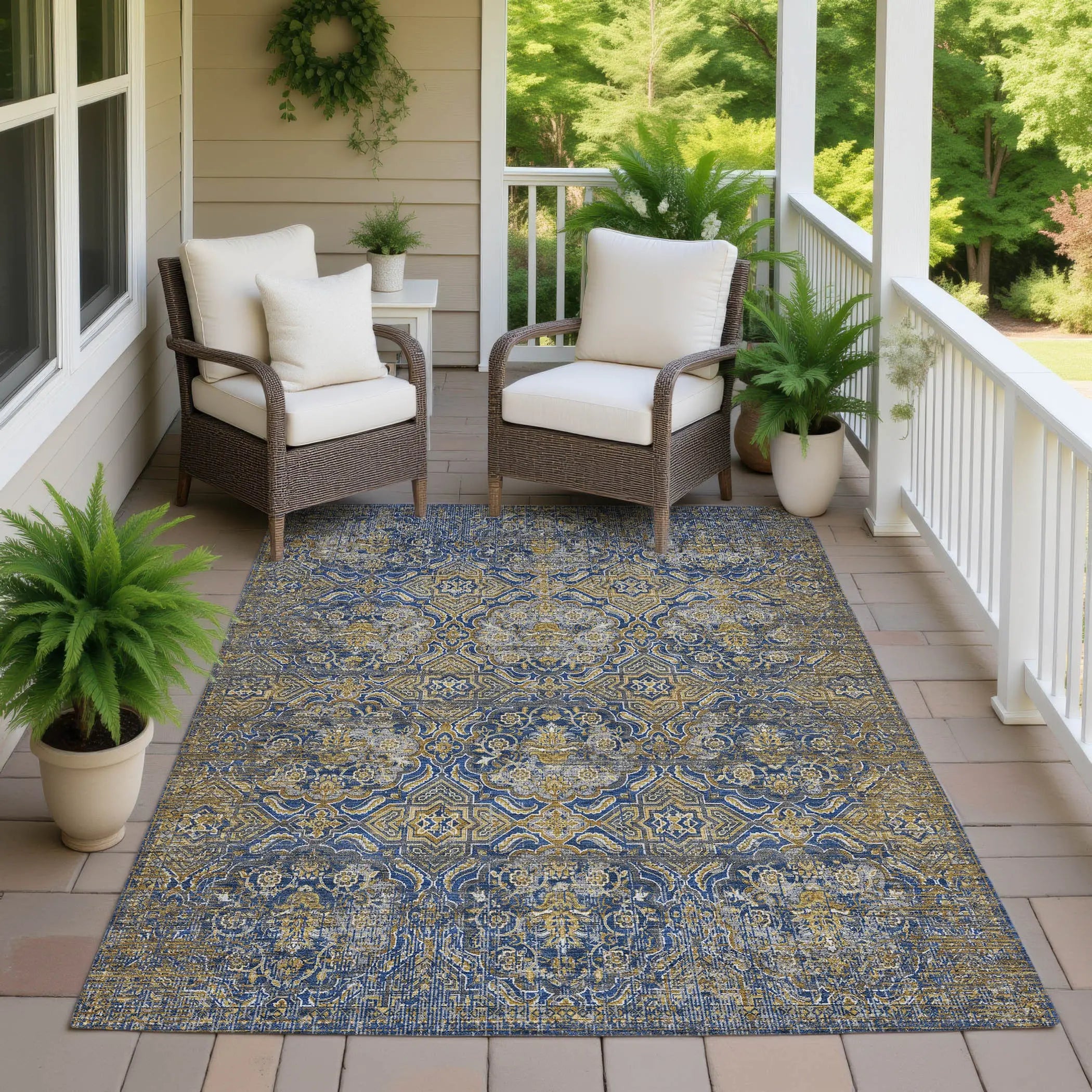 8' X 10' Navy Blue And Blue Floral Washable Indoor Outdoor Area Rug Homeroots Outdoor