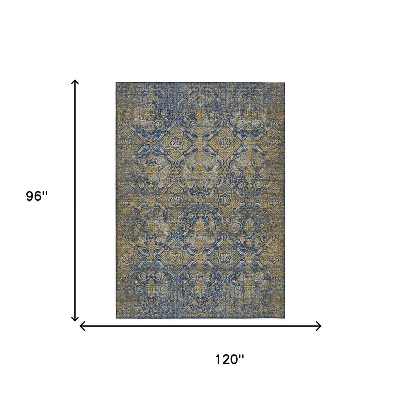 8' X 10' Navy Blue And Blue Floral Washable Indoor Outdoor Area Rug Homeroots Outdoor