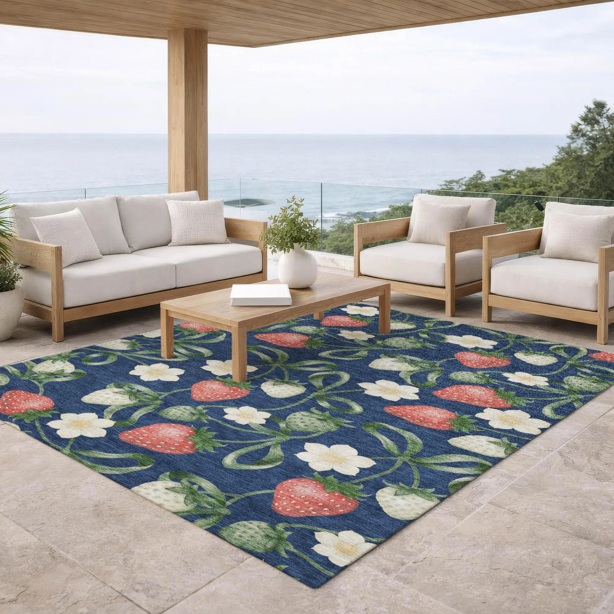 8' X 10' Navy Blue And Blue Floral Washable Indoor Outdoor Area Rug Homeroots Outdoor