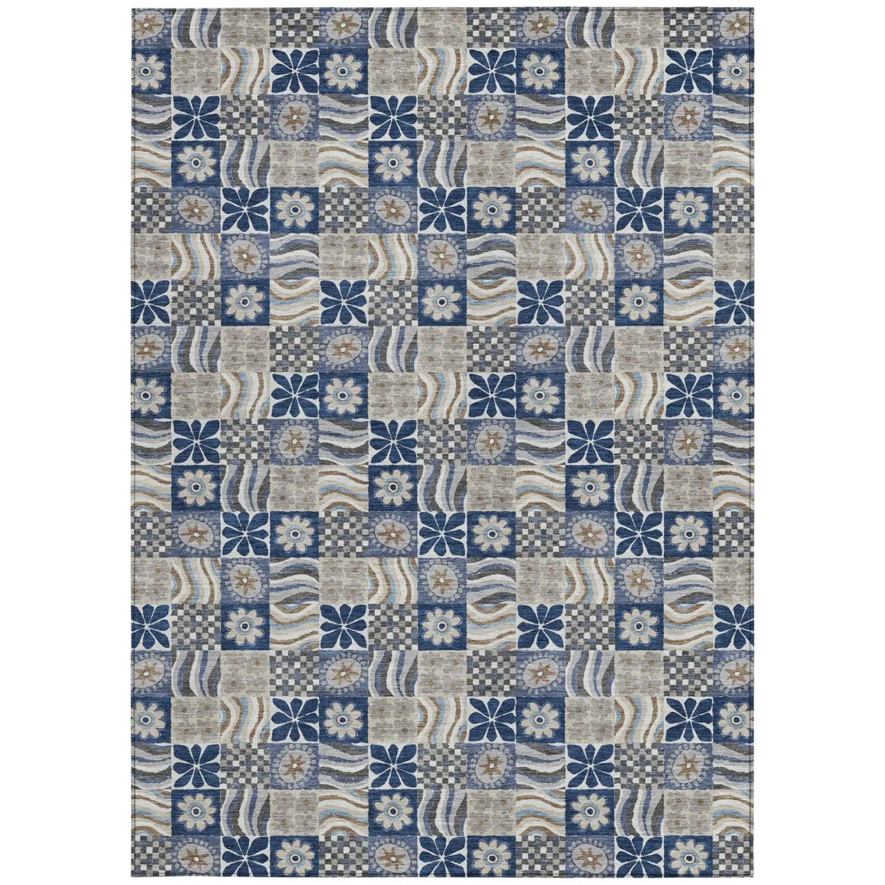 8' X 10' Navy Blue And Blue Floral Washable Indoor Outdoor Area Rug Homeroots Outdoor