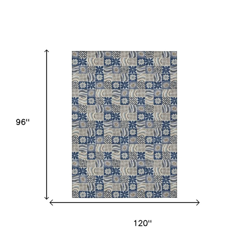 8' X 10' Navy Blue And Blue Floral Washable Indoor Outdoor Area Rug Homeroots Outdoor