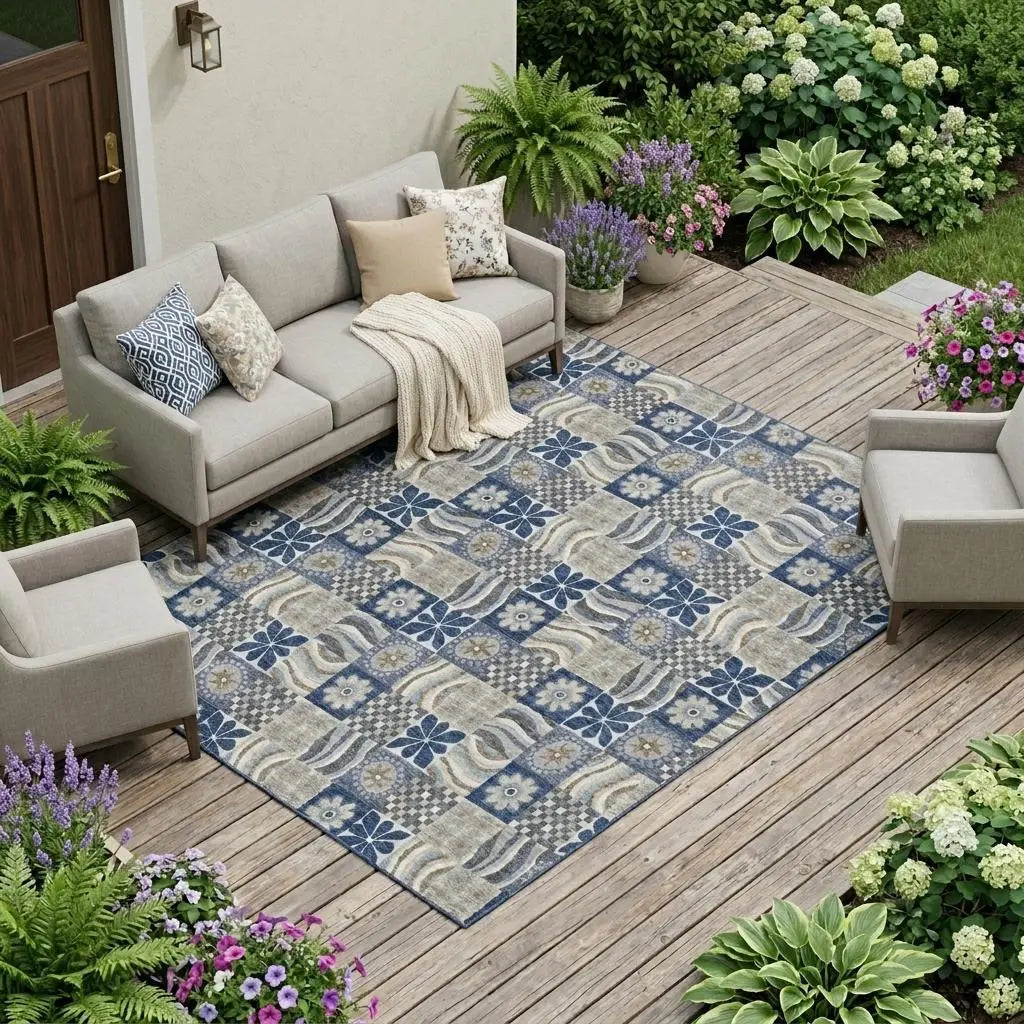 8' X 10' Navy Blue And Blue Floral Washable Indoor Outdoor Area Rug Homeroots Outdoor