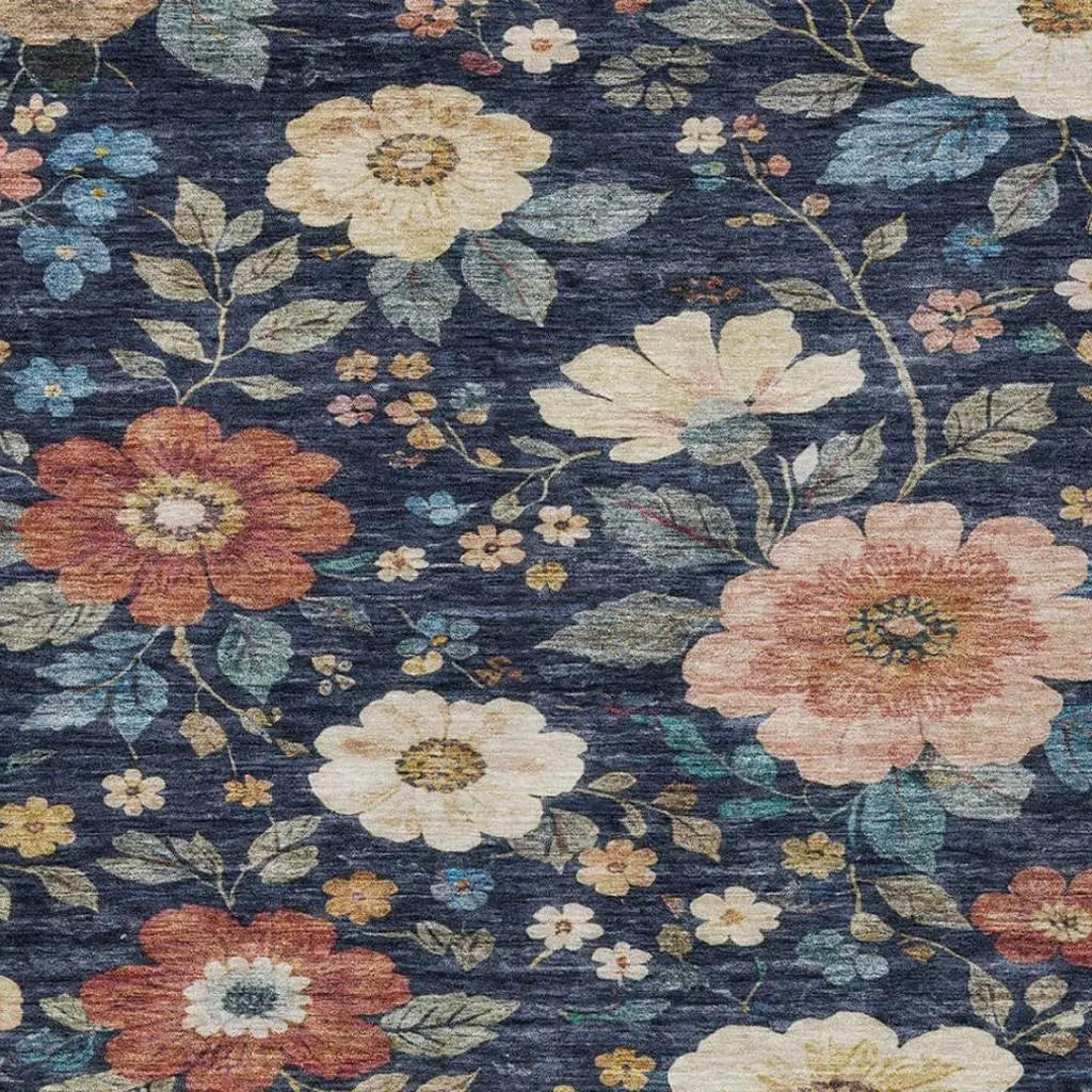 8' X 10' Navy Blue And Blue Floral Washable Indoor Outdoor Area Rug Homeroots Outdoor