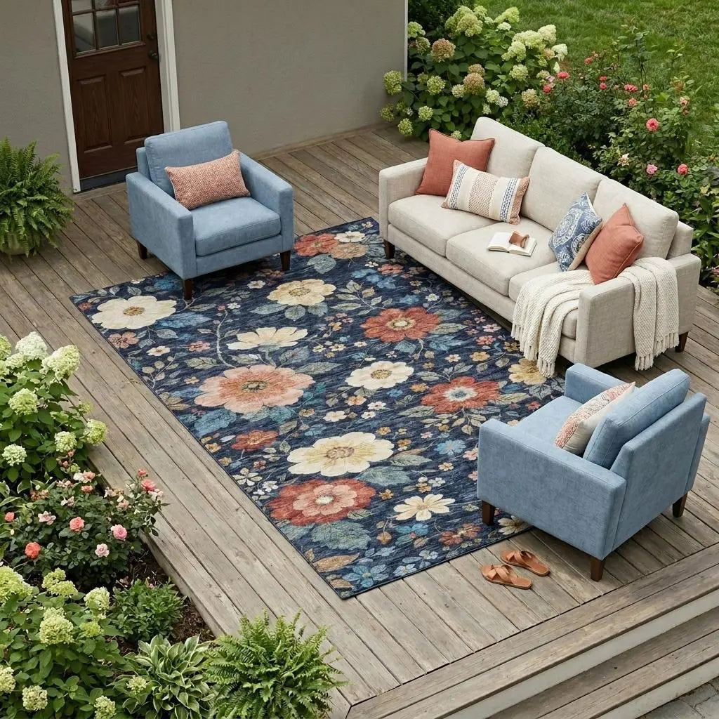 8' X 10' Navy Blue And Blue Floral Washable Indoor Outdoor Area Rug Homeroots Outdoor