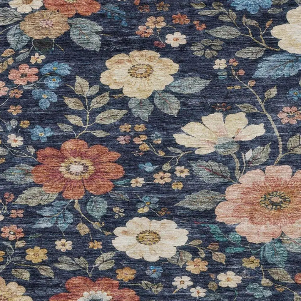 8' X 10' Navy Blue And Blue Floral Washable Indoor Outdoor Area Rug Homeroots Outdoor