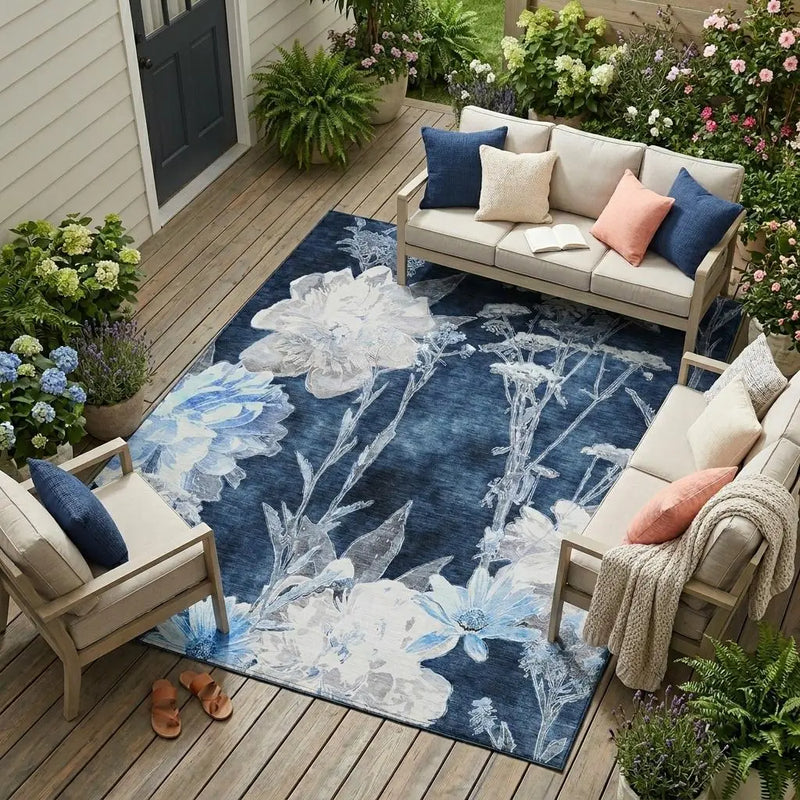 8' X 10' Navy Blue And Blue Floral Washable Indoor Outdoor Area Rug Homeroots Outdoor