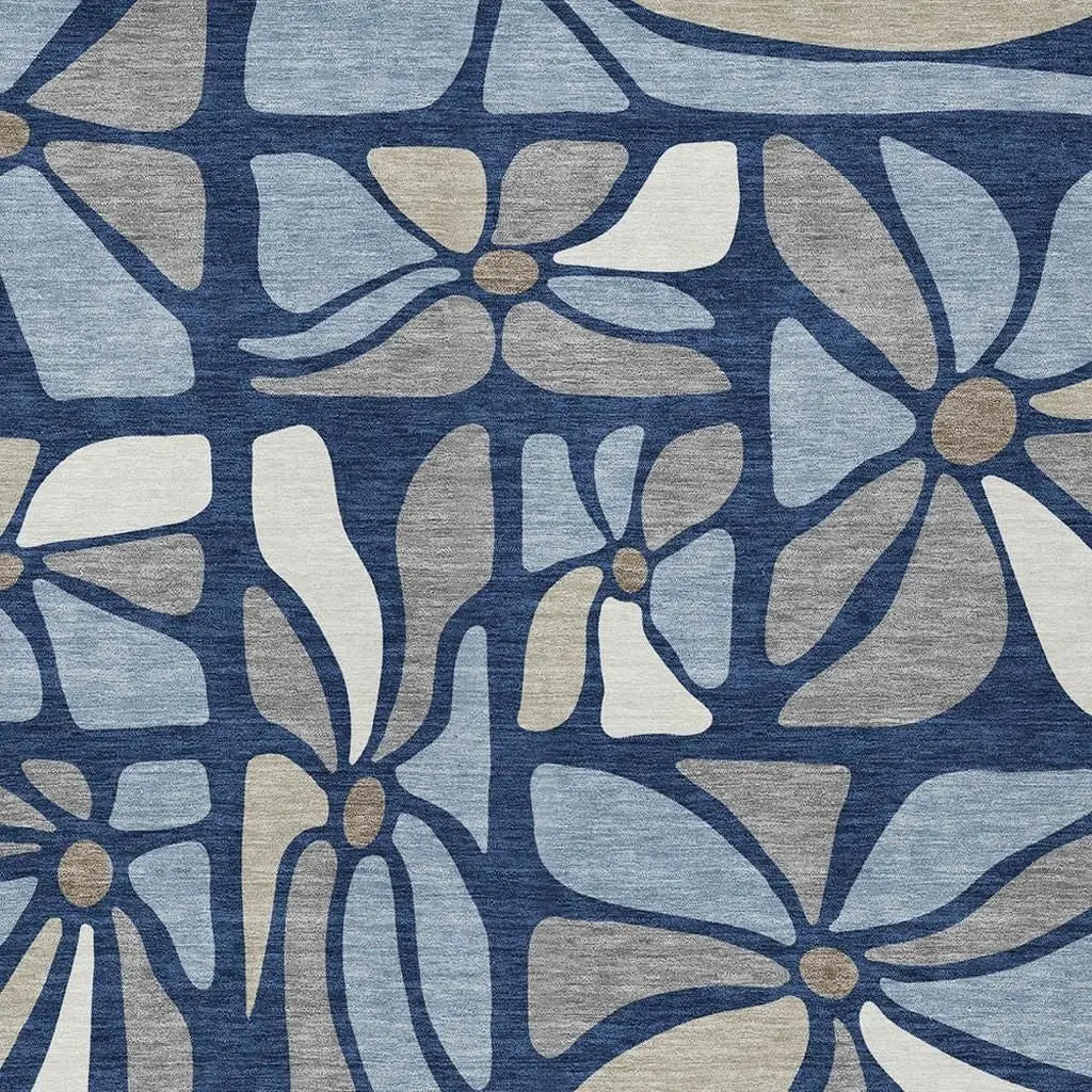8' X 10' Navy Blue And Blue Floral Washable Indoor Outdoor Area Rug Homeroots Outdoor