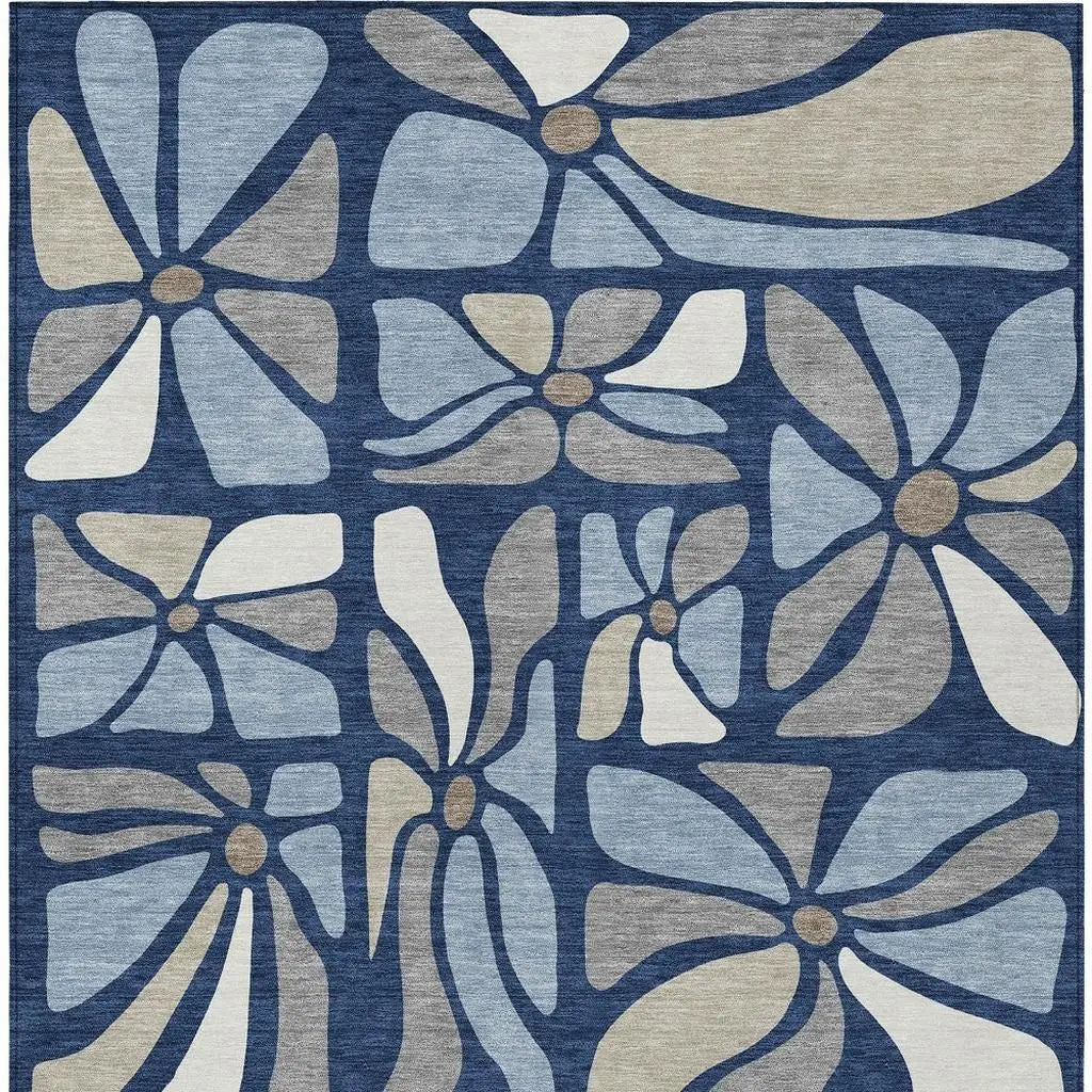 8' X 10' Navy Blue And Blue Floral Washable Indoor Outdoor Area Rug Homeroots Outdoor
