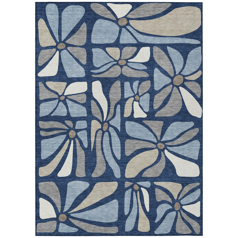 8' X 10' Navy Blue And Blue Floral Washable Indoor Outdoor Area Rug Homeroots Outdoor