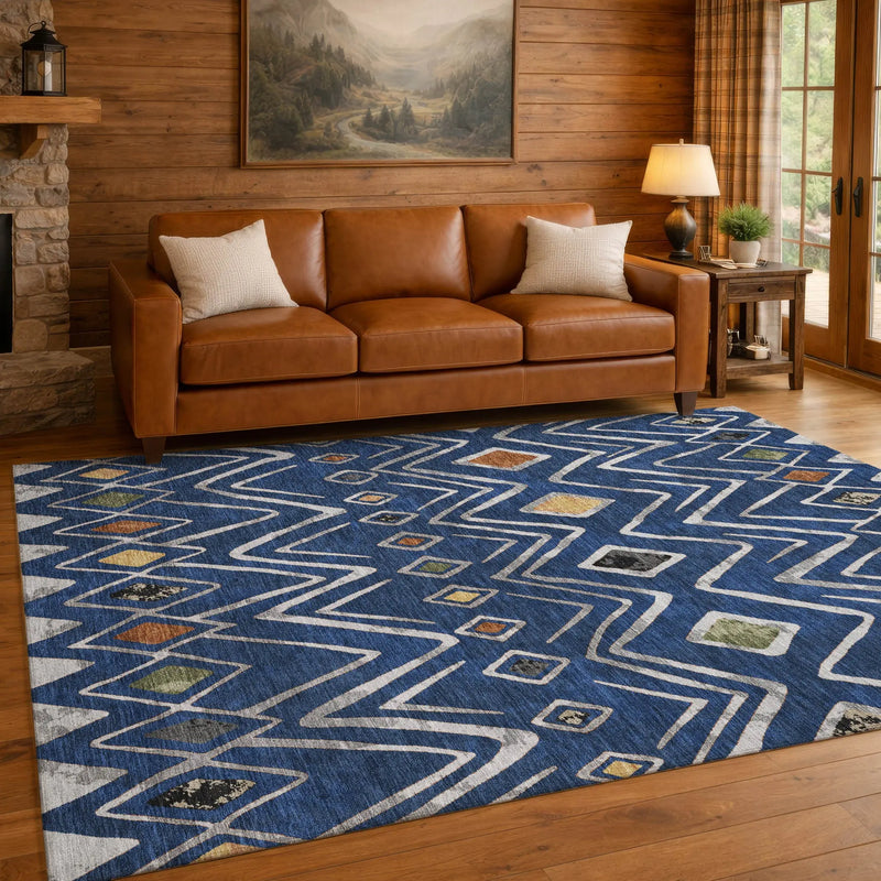 8' X 10' Navy Blue And Blue Geometric Washable Indoor Outdoor Area Rug Homeroots Outdoor