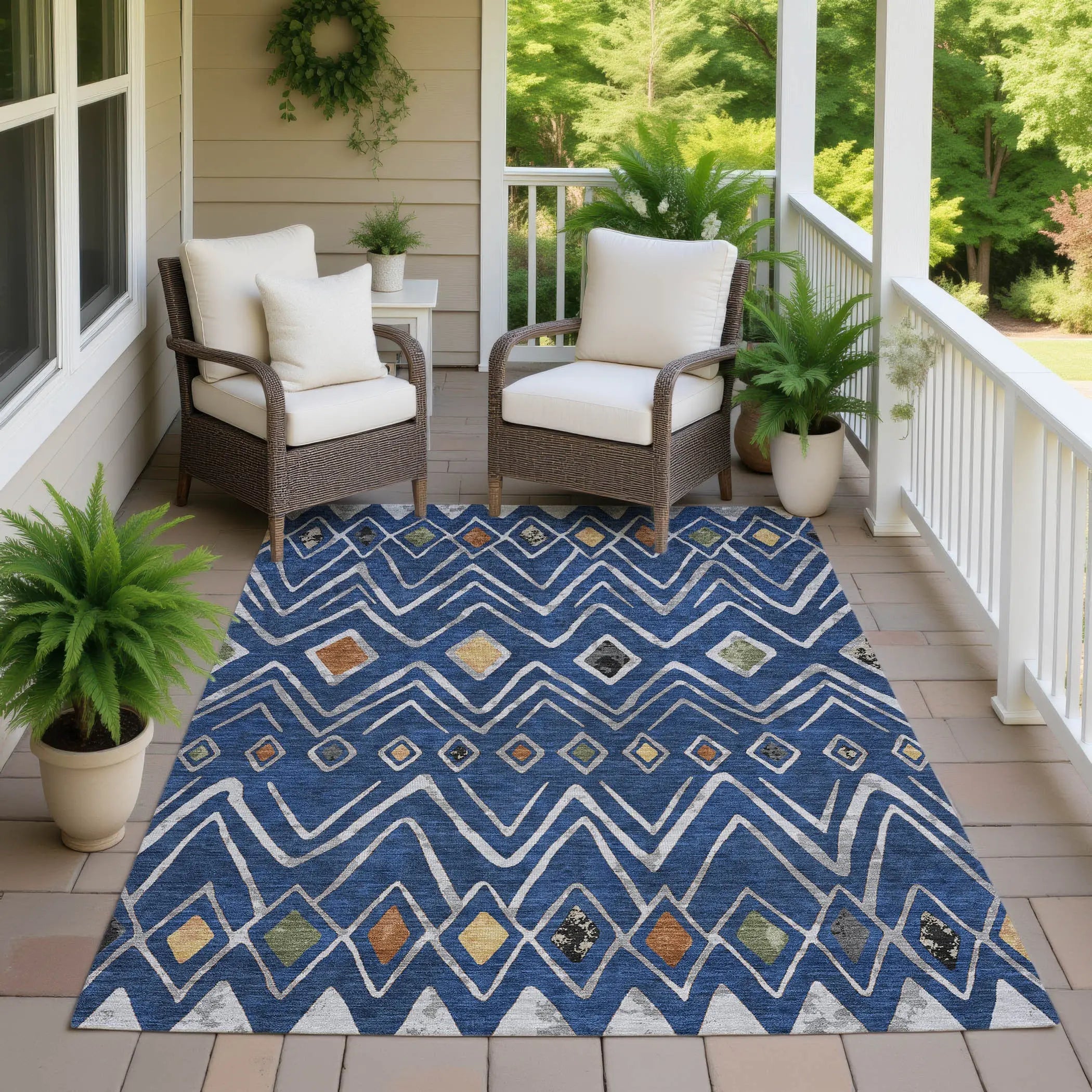 8' X 10' Navy Blue And Blue Geometric Washable Indoor Outdoor Area Rug Homeroots Outdoor