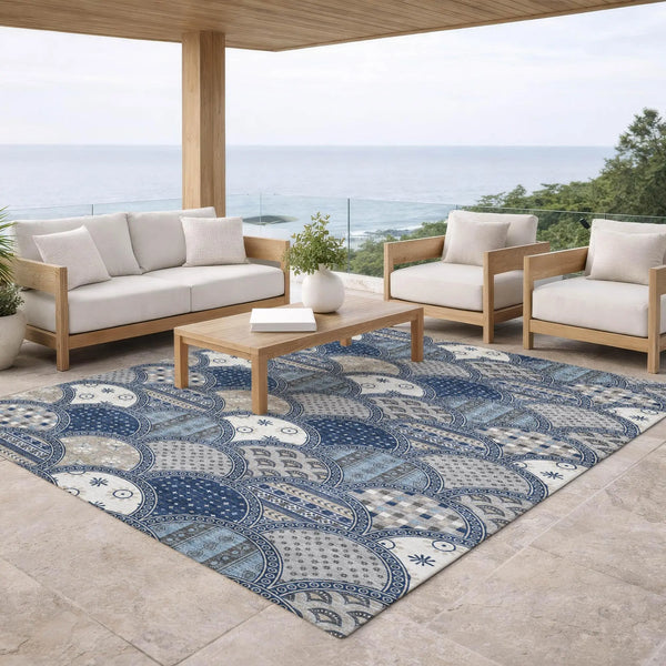 8' X 10' Navy Blue And Blue Geometric Washable Indoor Outdoor Area Rug Homeroots Outdoor