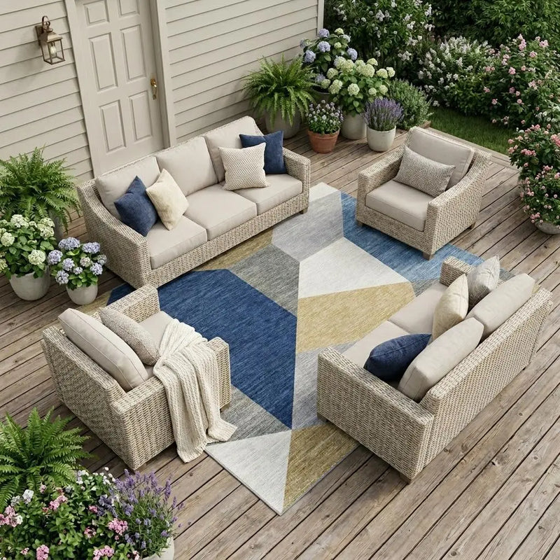 8' X 10' Navy Blue And Blue Geometric Washable Indoor Outdoor Area Rug Homeroots Outdoor