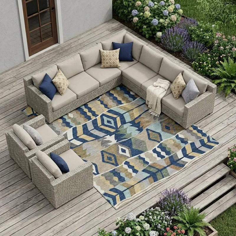 8' X 10' Navy Blue And Blue Geometric Washable Indoor Outdoor Area Rug Homeroots Outdoor